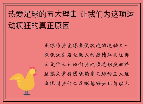 热爱足球的五大理由 让我们为这项运动疯狂的真正原因